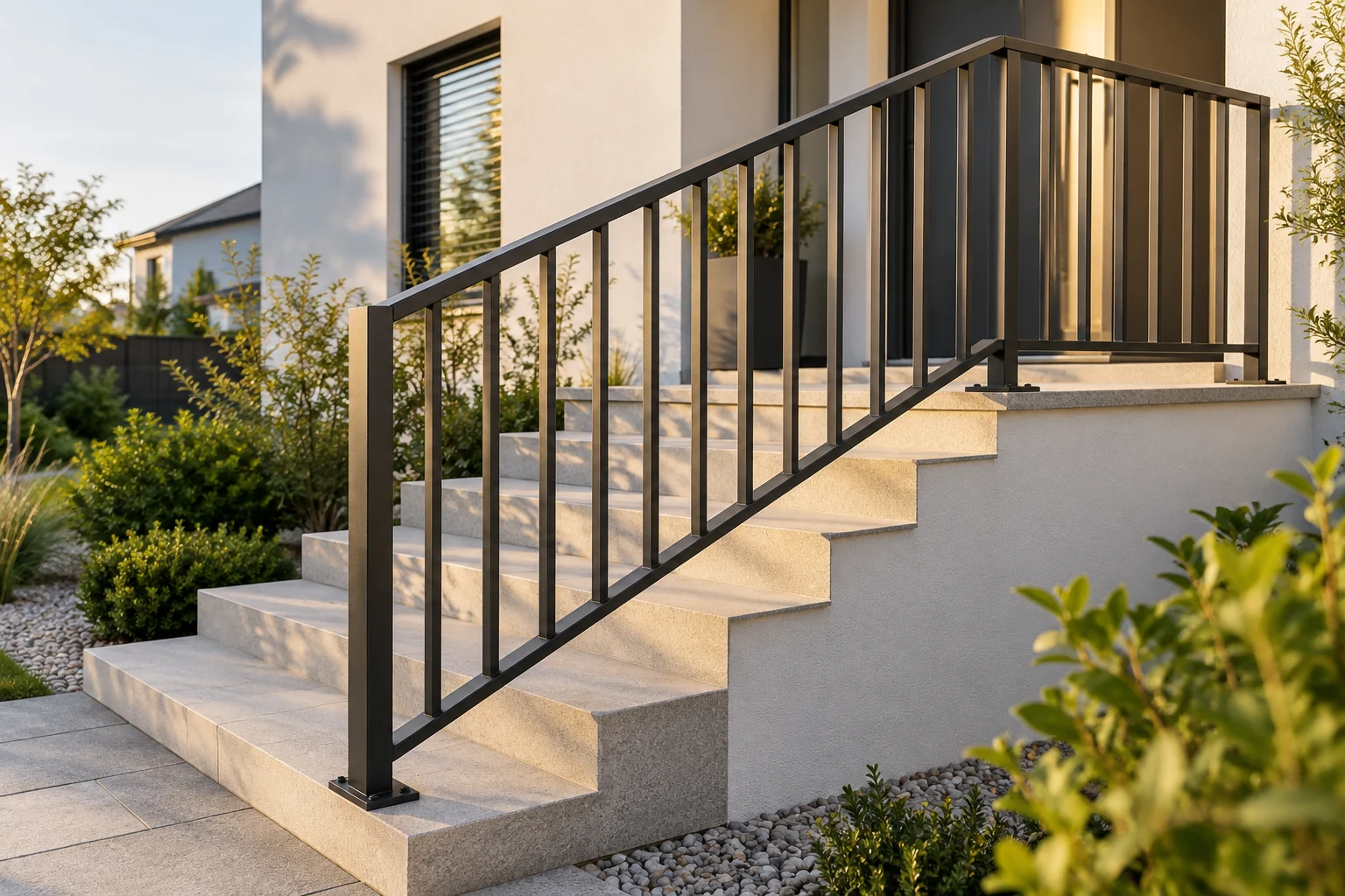 Balustrada przy schodach: Prosty pochwyt · pionowe profile · kamienne stopnie